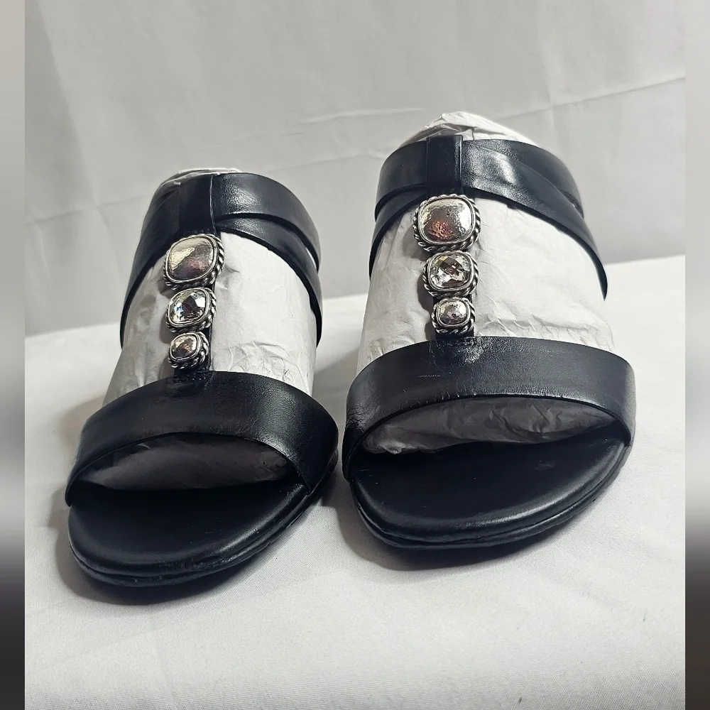 7 M Brighton Trista Shoes Slip-on Block Heels Sandals Black Leather Open Toe